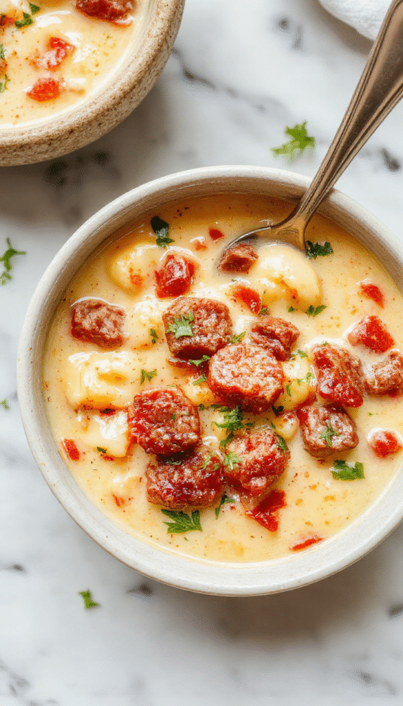 A steaming bowl of creamy Italian sausage gnocchi soup featuring golden-brown sausage slices, soft gnocchi, vibrant green spinach, and a rich, creamy broth garnished with grated Parmesan and fresh herbs, all presented in a rustic white bowl on a wooden table.