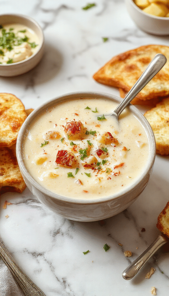 A vibrant bowl of creamy loaded Outback potato soup topped with shredded cheese, crispy bacon bits, sliced green onions, and a dollop of sour cream, served on a rustic wooden table with fresh ingredients surrounding it, highlighting the rich textures and inviting presentation.