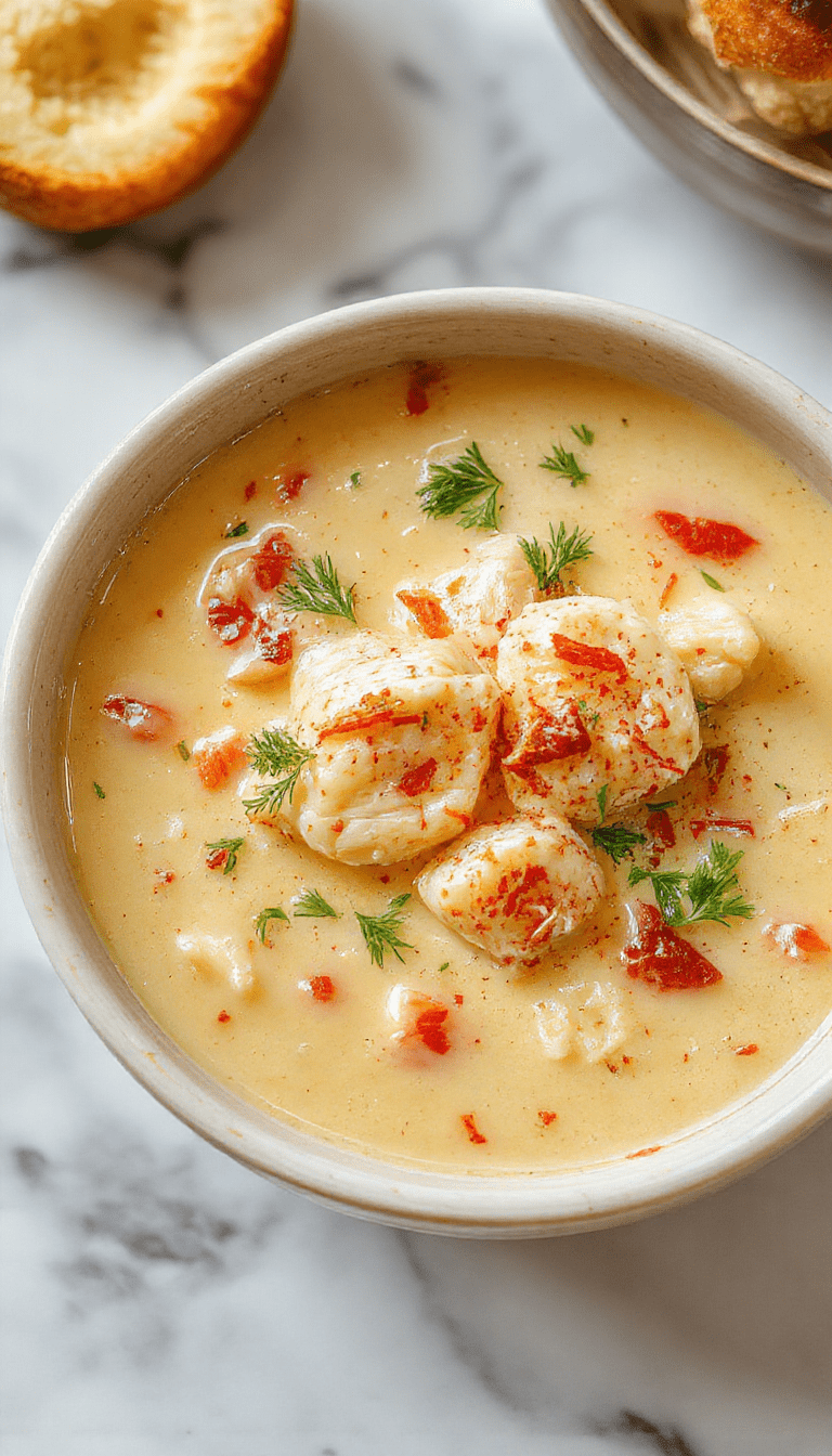 A vibrant bowl of rich, creamy chicken soup garnished with fresh herbs, with a smooth, velvety texture, surrounded by ingredients like cooked chicken, vegetables, and a spoon resting on a rustic wooden table with warm lighting.