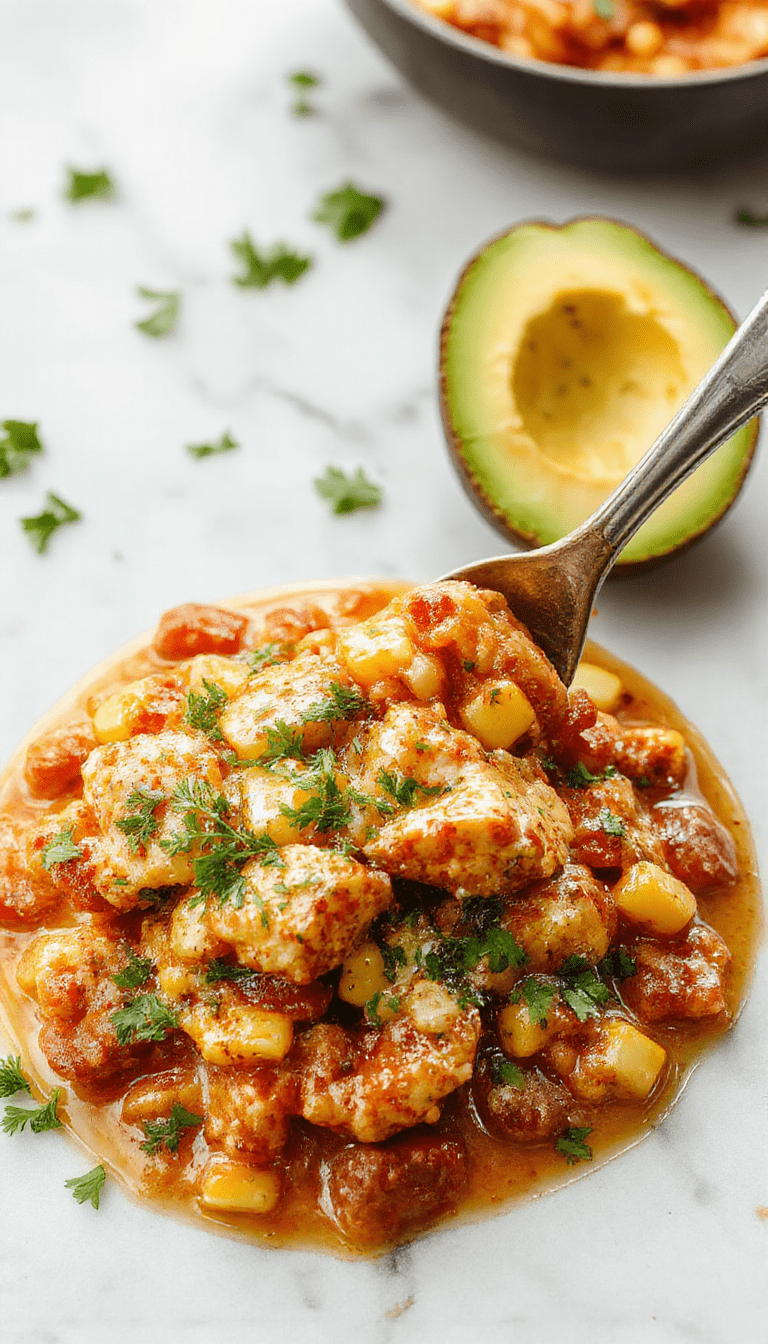 A vibrant white chicken chili served in a white bowl, topped with charred corn, fresh cilantro, and a squeeze of lime. The chili has a creamy texture with visible chunks of chicken, corn kernels, and spices, set against a rustic wooden background with colorful garnishes.