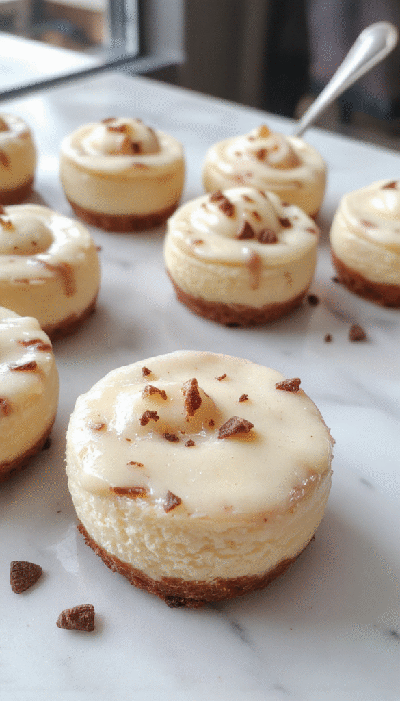A close-up of beautifully plated mini cheesecakes with a golden-brown crust, smooth creamy filling topped with fresh berries and a drizzle of glaze, set on a rustic wooden tray with a light dusting of powdered sugar, styled with fresh mint leaves for garnish.