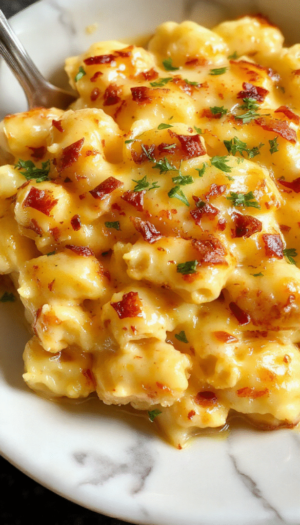 A vibrant bowl of creamy homemade mac and cheese with perfectly cooked elbow macaroni topped with a sprinkle of chopped herbs, served on a rustic wooden table with a spoon beside it, showcasing a rich, cheesy texture and appealing yellow-orange color.