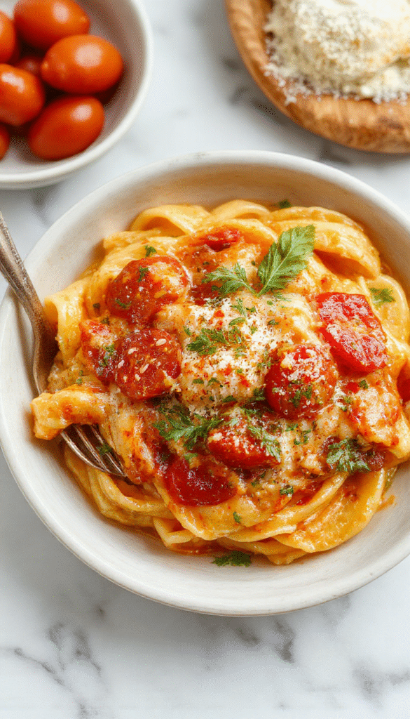 A vibrant bowl of creamy tomato pasta garnished with fresh basil and grated Parmesan, showcasing glossy, rich sauce with al dente pasta, styled on a rustic wooden surface with a spoon and condiments around.