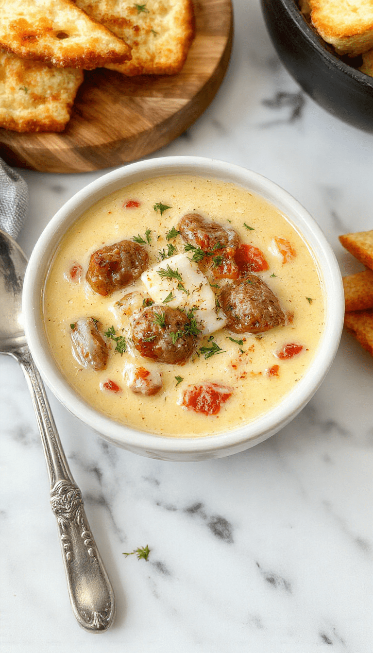 A bowl of creamy Italian sausage soup with melted parmesan cheese on top, garnished with chopped herbs, served alongside crusty bread, vibrant orange carrots, and fresh leafy greens in a cozy kitchen setting.