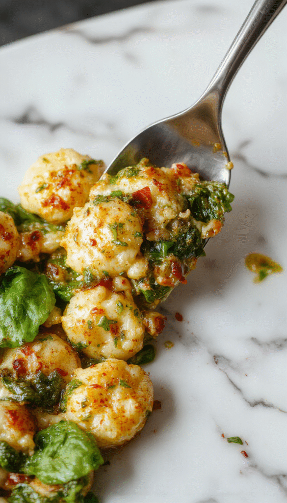 A vibrant, golden-brown baked gnocchi dish topped with fresh spinach leaves and drizzled with green pesto sauce. The gnocchi are plump and slightly crispy at the edges, garnished with a sprinkle of parmesan cheese. The dish is served on a rustic white plate, highlighting the rich green of the pesto and the leafy spinach, with a light dusting of herbs around the edges for visual appeal.