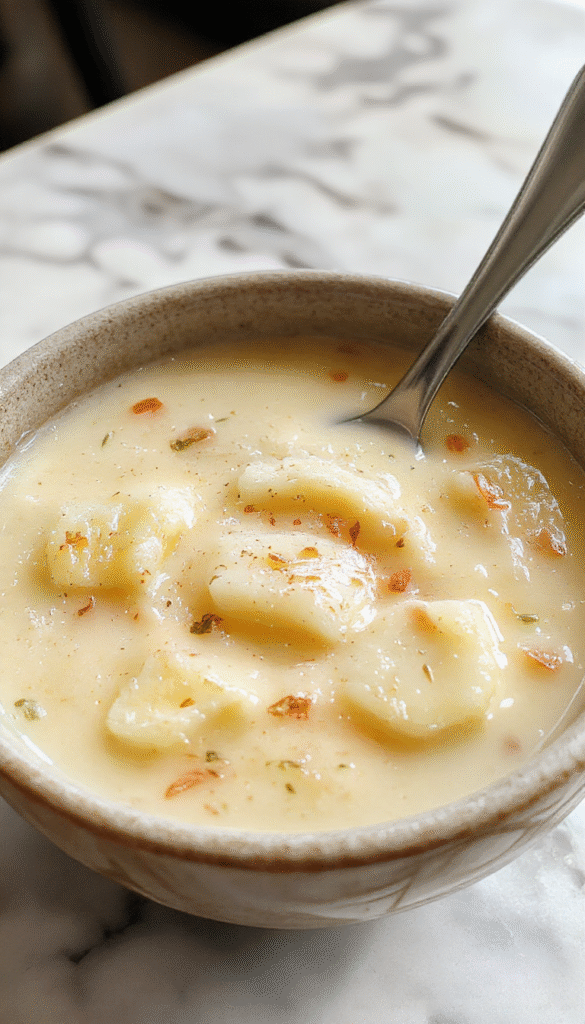 A steaming bowl of Polish Potato Soup with creamy, golden broth, topped with chopped chives and crispy bacon bits, served in a rustic ceramic bowl on a wooden table alongside crusty bread and fresh herbs, highlighting its rich textures and inviting appearance.