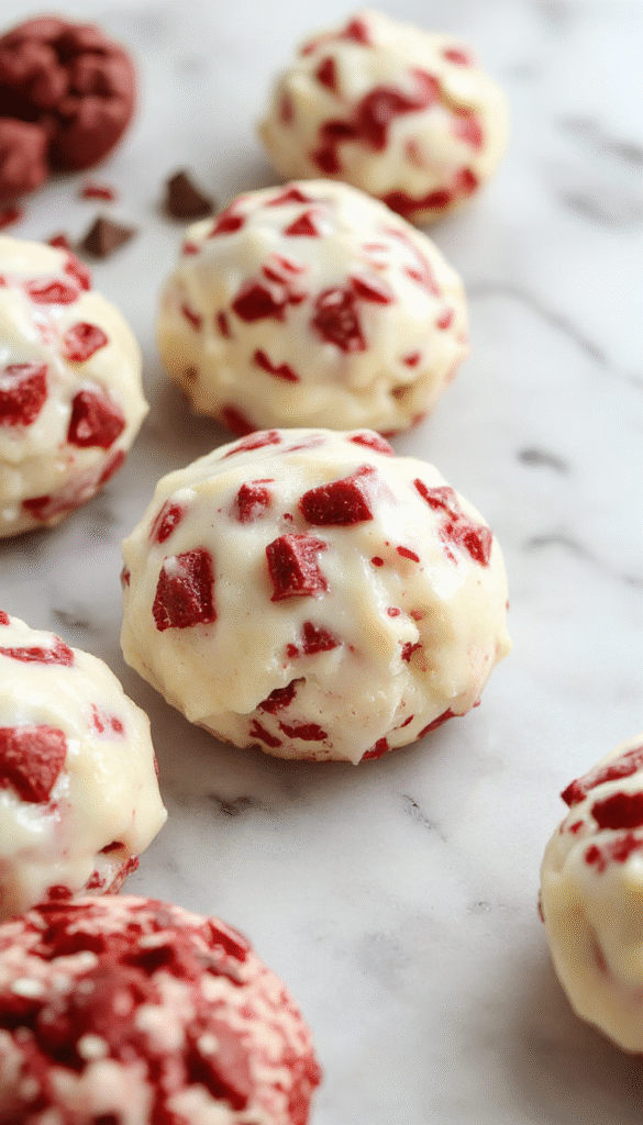 A close-up of a vibrant red velvet cookie dough scoop on a white plate, sprinkled with tiny white chocolate chips, with a blurred background of a rustic wooden table and a metal spoon, showcasing the creamy texture and deep red color of the dessert.