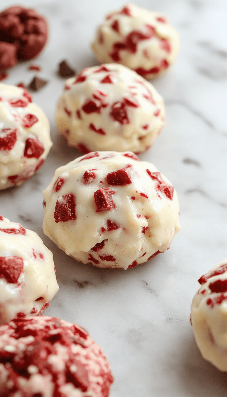A close-up of a vibrant red velvet cookie dough scoop on a white plate, sprinkled with tiny white chocolate chips, with a blurred background of a rustic wooden table and a metal spoon, showcasing the creamy texture and deep red color of the dessert.