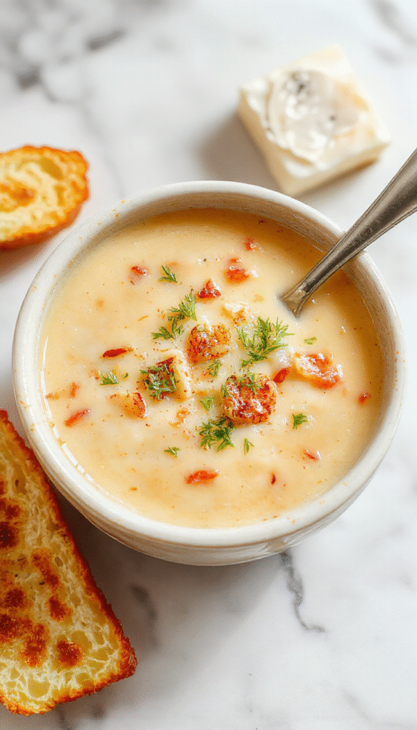 A bowl of creamy Reuben soup with visible layers of melted Swiss cheese, corned beef chunks, and tangy sauerkraut, garnished with fresh parsley on a rustic wooden table, with a side of crusty bread and a sprig of dill, showcasing rich textures and inviting colors of beige, yellow, and green.