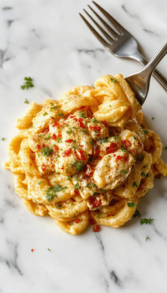 A vibrant plate of creamy marry me chicken pasta featuring tender chicken pieces coated in a rich, velvety sauce, topped with fresh herbs and served alongside garlic bread on a rustic wooden table with a backdrop of fresh basil and cherry tomatoes.