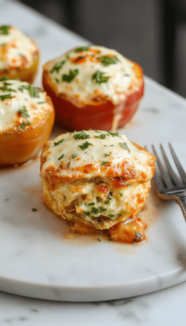 Colorful roasted bell peppers filled with creamy ricotta cheese and herbs, topped with a sprinkle of paprika, served on a white plate garnished with fresh basil, with a rustic wooden background showcasing a vibrant and appetizing presentation