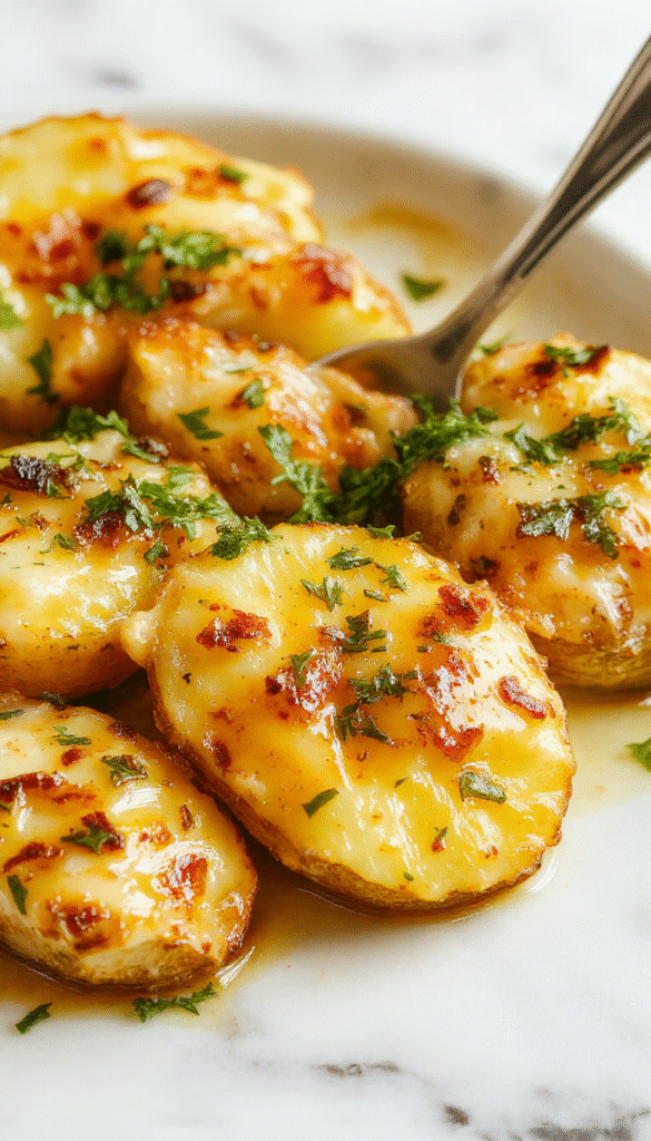 An overhead shot of a golden-brown potatoes au gratin dish with crispy cheese crust, topped with roasted garlic cloves and fresh herbs, served in a rustic white baking dish with a wooden spoon, showcasing creamy layered potatoes with melted cheese and crispy edges.