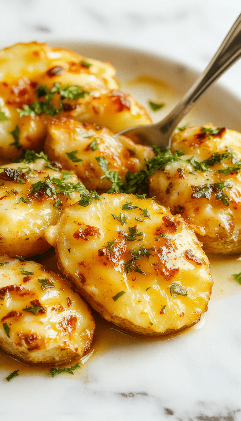 An overhead shot of a golden-brown potatoes au gratin dish with crispy cheese crust, topped with roasted garlic cloves and fresh herbs, served in a rustic white baking dish with a wooden spoon, showcasing creamy layered potatoes with melted cheese and crispy edges.