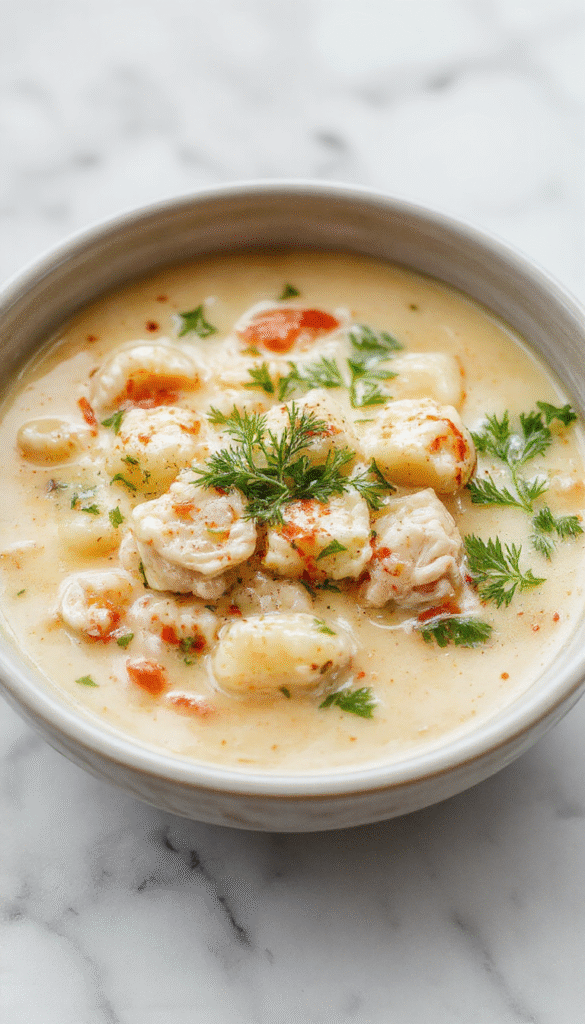 A bowl of creamy chicken gnocchi soup garnished with fresh herbs, showing tender gnocchi, shredded rotisserie chicken, and vegetables in a rich, steaming broth, styled in a rustic white bowl on a wooden table