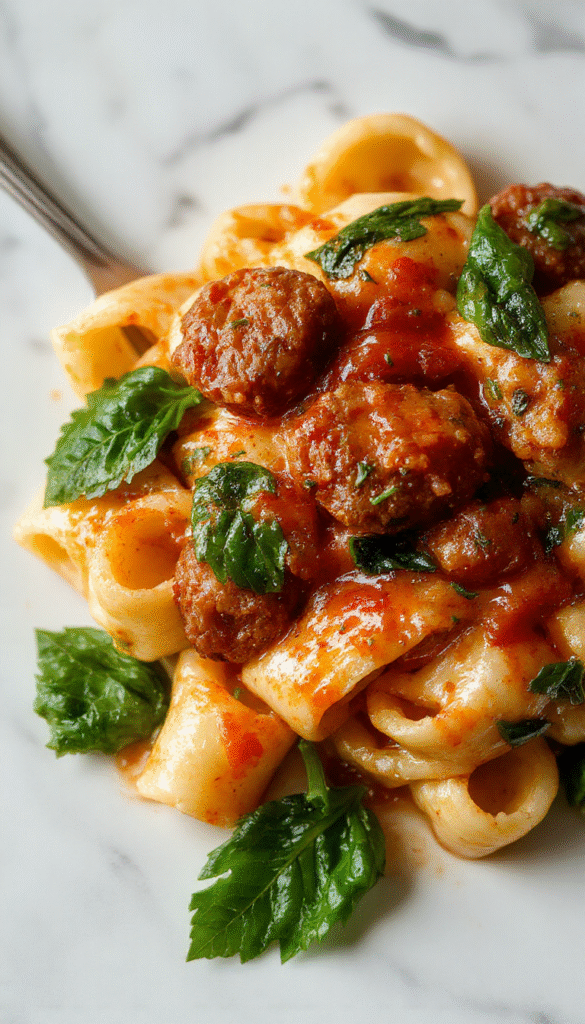 A vibrant plate of creamy sausage rigatoni pasta topped with fresh spinach and sprinkled with grated cheese, featuring a rich garlic and tomato cream sauce, beautifully plated with garnishes, vibrant colors, and a rustic wooden background.