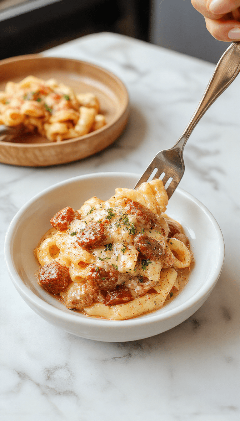 A close-up of a vibrant plate of creamy sausage rigatoni featuring golden-brown sausage slices nestled among ridged rigatoni coated in a rich, creamy white sauce, garnished with chopped parsley on a rustic wooden table
