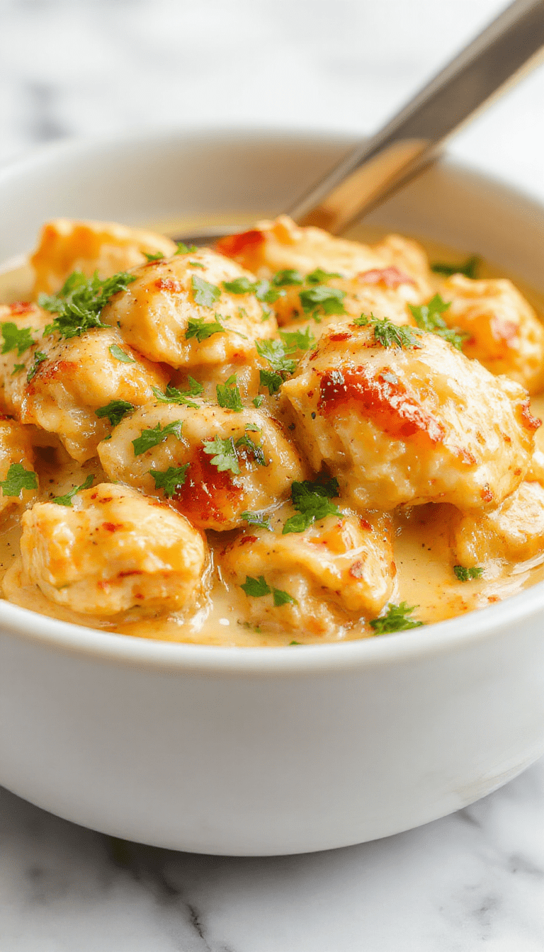A close-up of a creamy butter chicken dish served in a rustic white bowl, garnished with fresh cilantro. The chicken pieces have a golden-brown exterior coated in a rich, buttery tomato sauce with hints of cream. The background features a wooden table with a side of naan bread and a small bowl of rice, conveying a warm and inviting kitchen atmosphere.