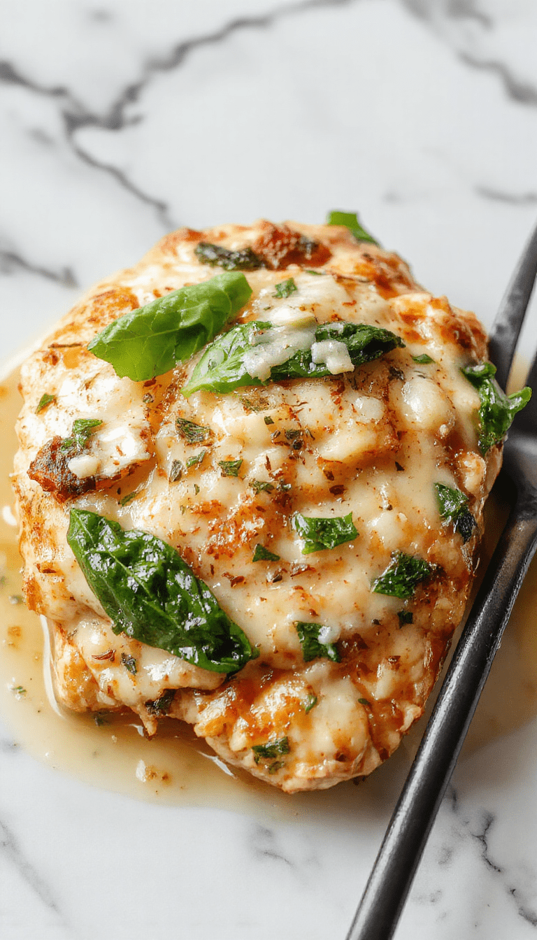 A close-up image of a creamy chicken dish served in a rustic white bowl, topped with fresh spinach and grated Parmesan cheese, with a golden brown sauce glistening under soft lighting. The dish is garnished with chopped herbs and presented on a wooden table with a sprig of parsley nearby, evoking comfort and homestyle appeal.