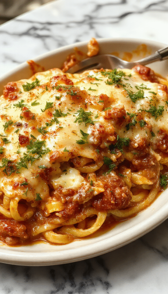 A vibrant, golden-brown baked spaghetti dish topped with melted cheese and fresh herbs, served on a rustic plate decorated with chopped parsley, showcasing a creamy, cheesy texture with inviting strings of pasta and crispy edges, styled for a comforting home-cooked meal.