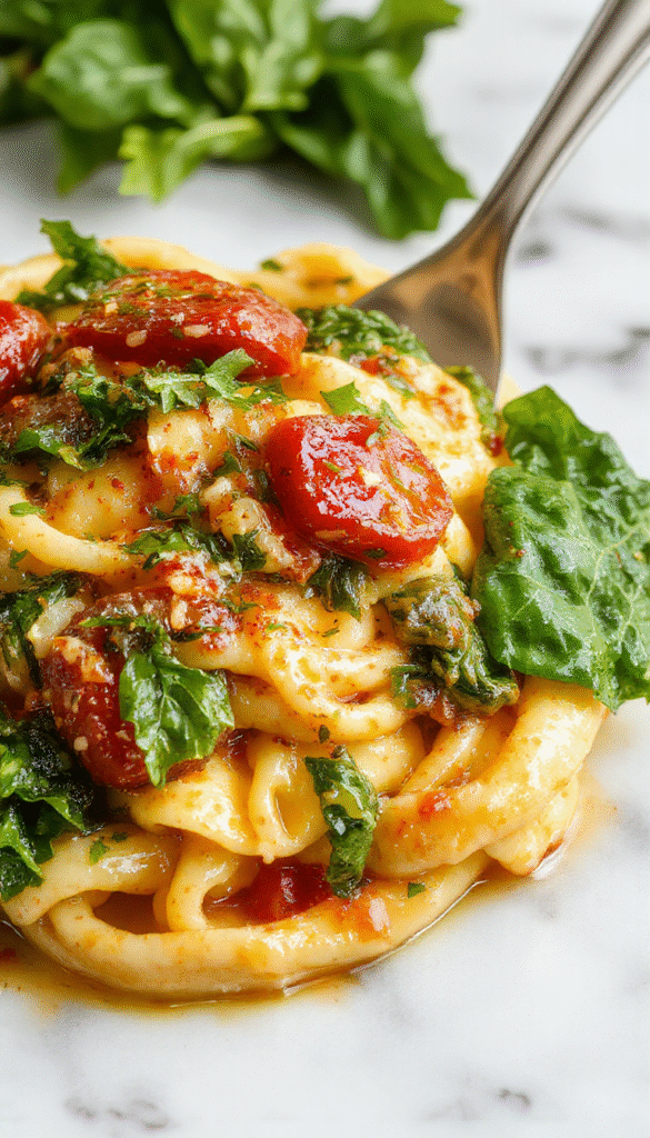 A vibrant plate of creamy spinach and ripe tomato pasta featuring fresh green spinach leaves, cherry tomatoes, and a generous drizzle of creamy sauce, garnished with freshly grated cheese and basil, styled on a rustic wooden table with natural light highlighting the colorful ingredients.