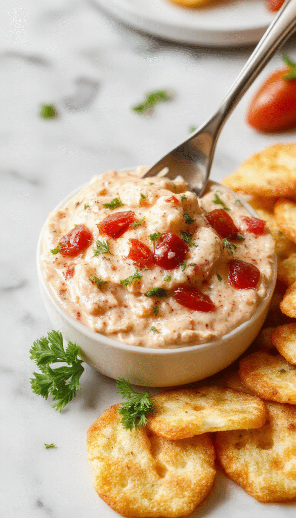 A vibrant bowl of creamy tomato bruschetta dip topped with chopped basil and diced tomatoes, surrounded by toasted baguette slices, with a rustic wooden table background and colorful garnishes, showcasing textures of smooth dip and crunchy bread, styled with fresh herbs for a tempting presentation.