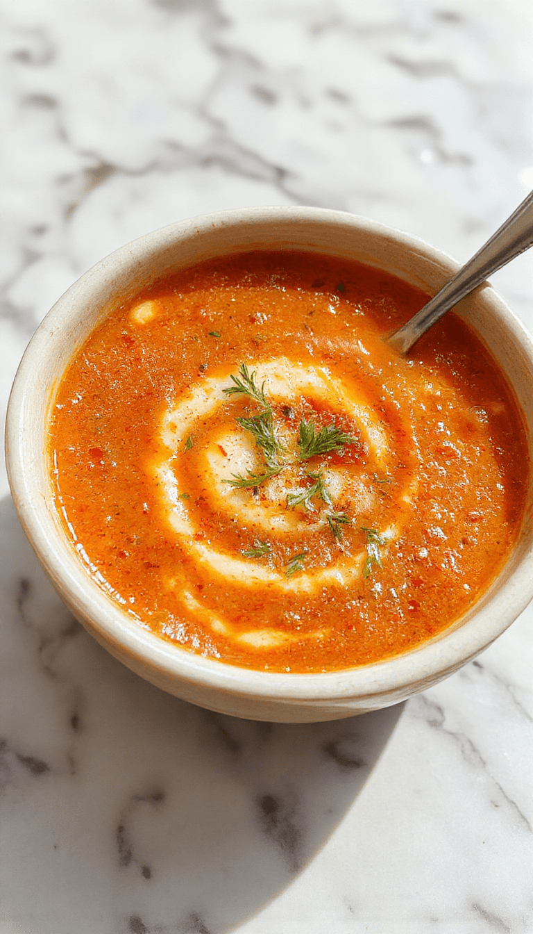 A vibrant bowl of creamy tomato soup garnished with fresh basil leaves and a drizzle of cream, served with crusty bread on a rustic wooden table, the smooth texture of the soup contrasted with the leafy green herbs and a splash of red oil for visual appeal.