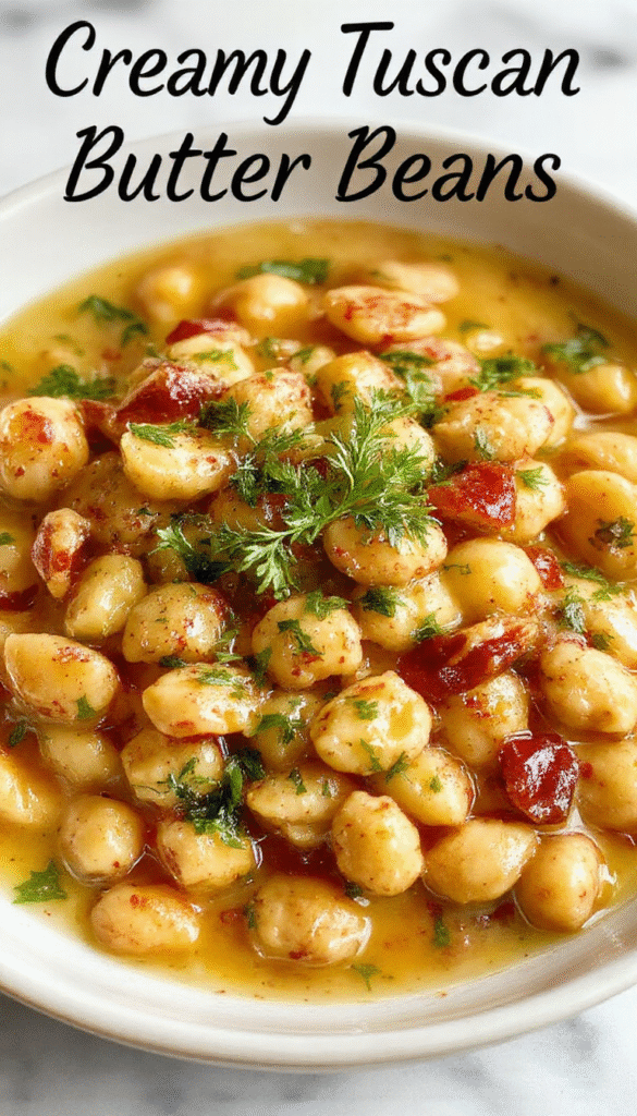 A vibrant plate of creamy Tuscan butter beans garnished with fresh herbs on a rustic wooden table, showcasing the smooth, glossy beans with a rich sauce, complemented by sprigs of basil and garlic slices