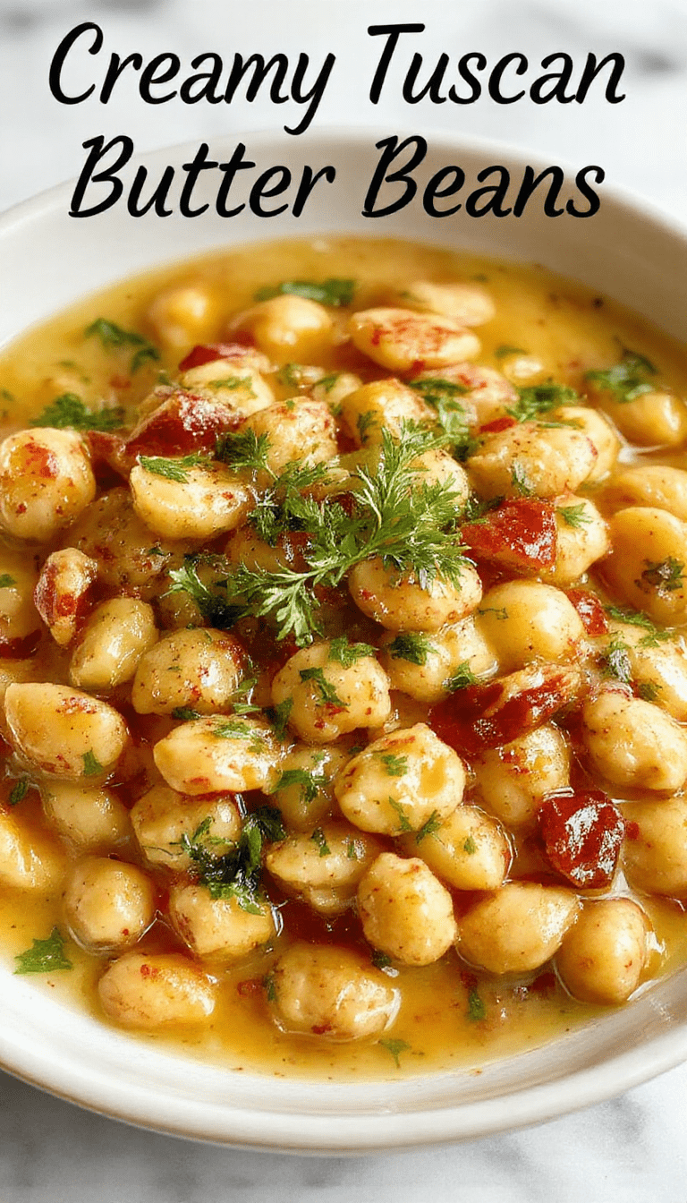 A vibrant plate of creamy Tuscan butter beans garnished with fresh herbs on a rustic wooden table, showcasing the smooth, glossy beans with a rich sauce, complemented by sprigs of basil and garlic slices