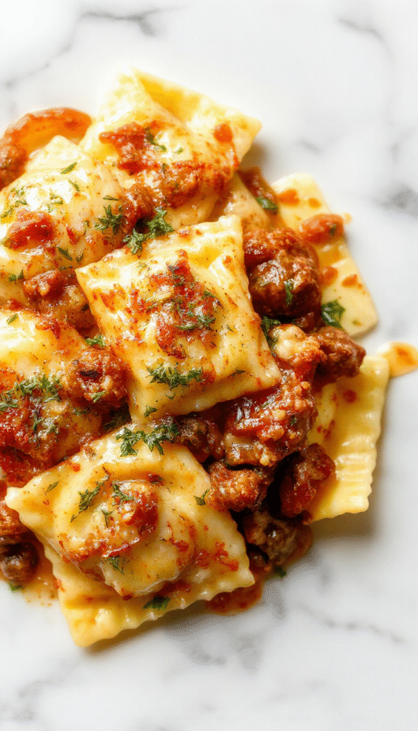 A close-up of a white ceramic plate filled with creamy Tuscan ravioli, topped with fresh basil leaves and grated Parmesan cheese. The ravioli are golden-yellow, coated in a rich, velvety sauce with visible herbs and garlic. The background features a rustic wooden table with a sprinkle of black pepper and a drizzle of olive oil, styled elegantly with a sprig of basil on the side.
