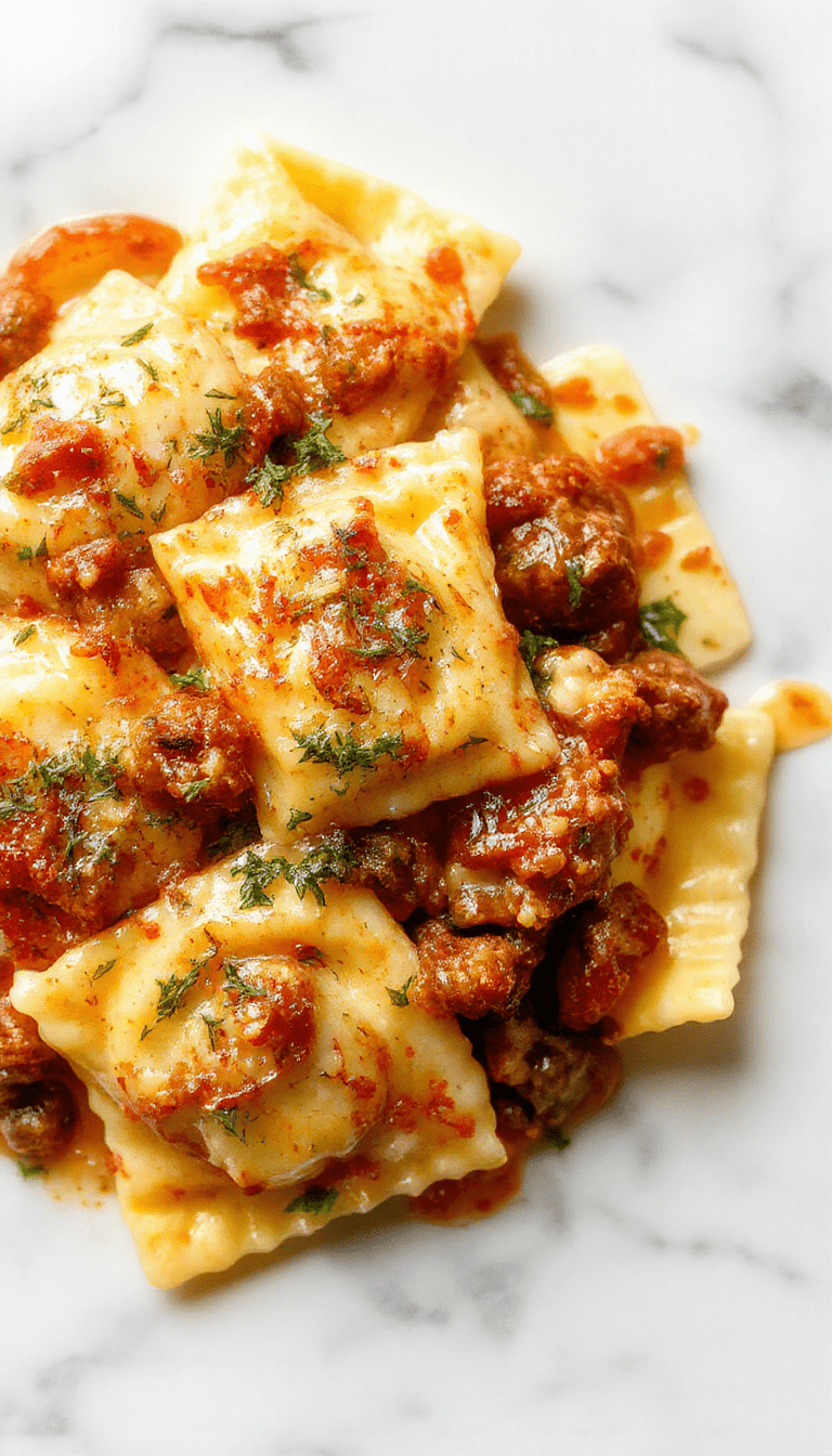 A close-up of a white ceramic plate filled with creamy Tuscan ravioli, topped with fresh basil leaves and grated Parmesan cheese. The ravioli are golden-yellow, coated in a rich, velvety sauce with visible herbs and garlic. The background features a rustic wooden table with a sprinkle of black pepper and a drizzle of olive oil, styled elegantly with a sprig of basil on the side.