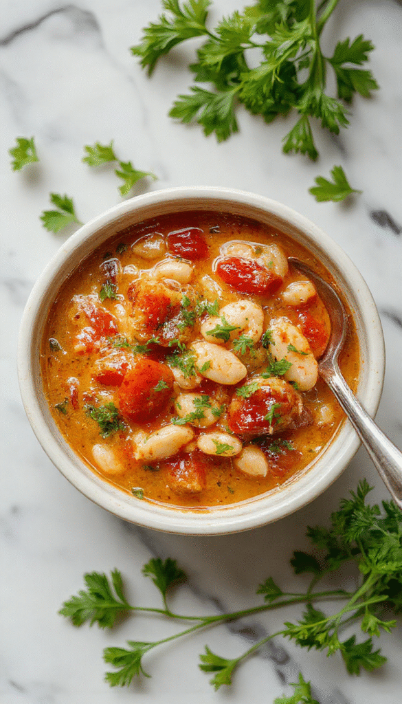 A vibrant bowl of creamy vegan tomato and white bean stew topped with fresh basil and parsley. The rich tomato broth is thick and inviting, with tender white beans visible throughout. The stew is garnished with a sprig of basil, served in a rustic white bowl on a wooden table, accented by slices of crusty bread and a drizzle of olive oil, with a colorful cloth in the background.