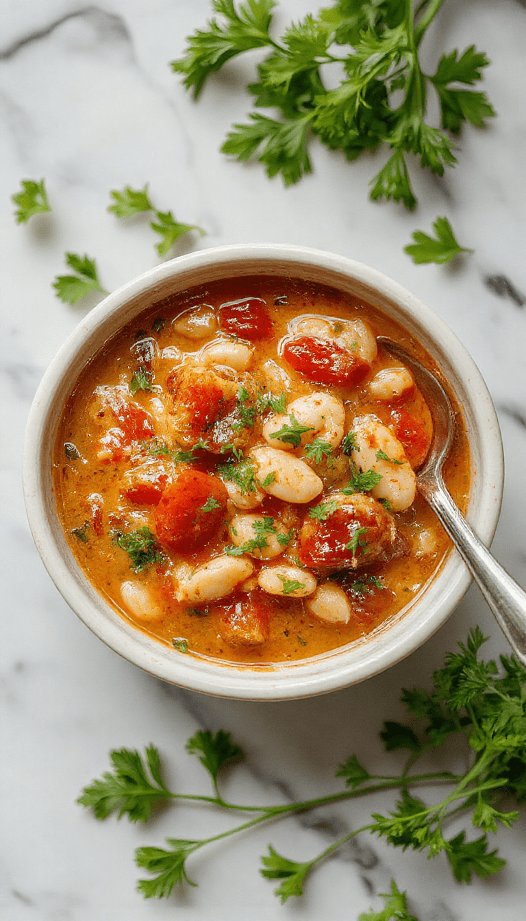A vibrant bowl of creamy vegan tomato and white bean stew topped with fresh basil and parsley. The rich tomato broth is thick and inviting, with tender white beans visible throughout. The stew is garnished with a sprig of basil, served in a rustic white bowl on a wooden table, accented by slices of crusty bread and a drizzle of olive oil, with a colorful cloth in the background.
