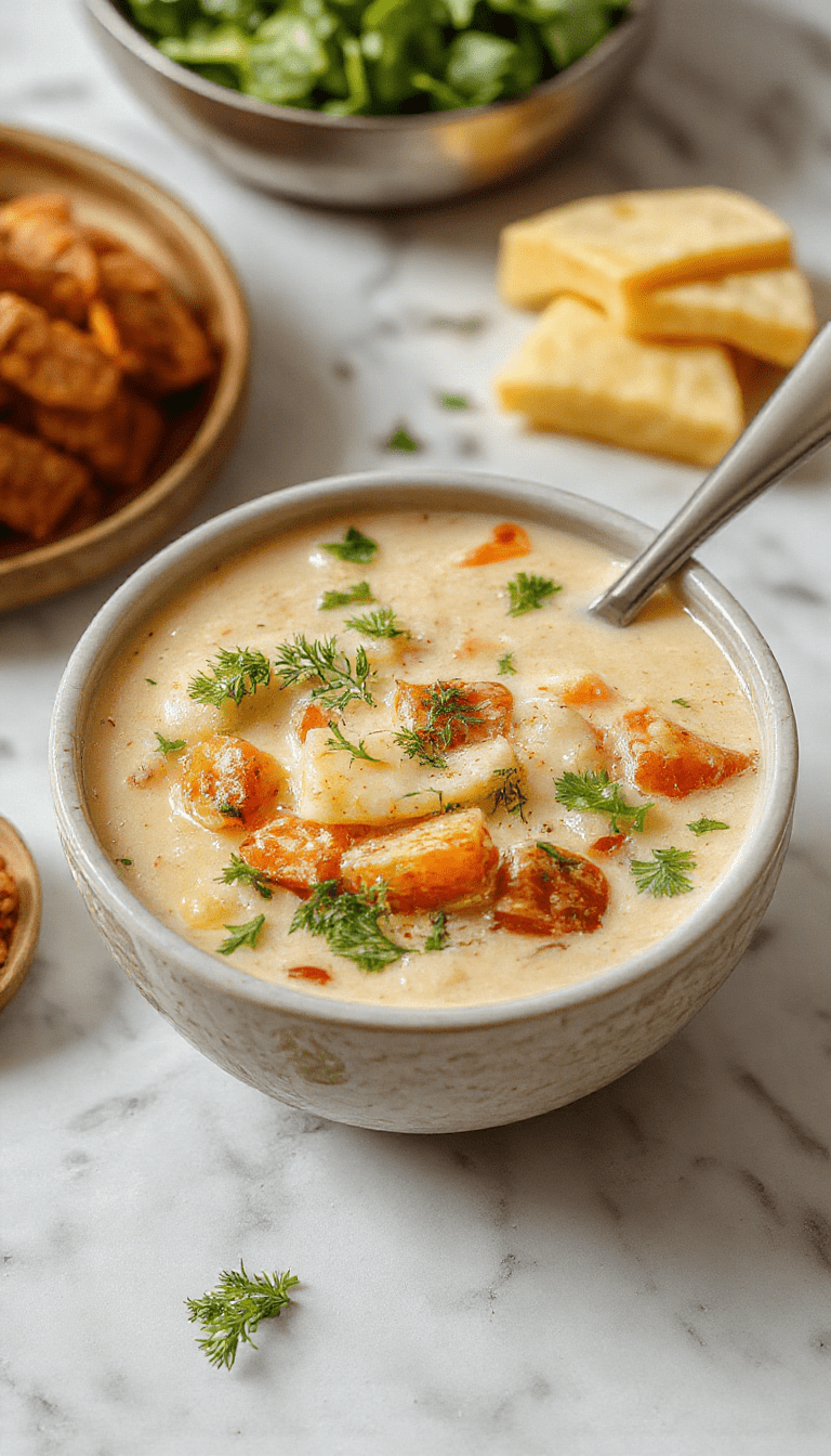 A vibrant bowl of creamy vegetable soup on a rustic wooden table, garnished with fresh herbs and drizzled with a swirl of coconut cream. The soup showcases an array of colorful vegetables like carrots, spinach, and zucchini, with a smooth, velvety texture. The background includes a loaf of crusty bread and a sprig of thyme, styled in a cozy, inviting setting.