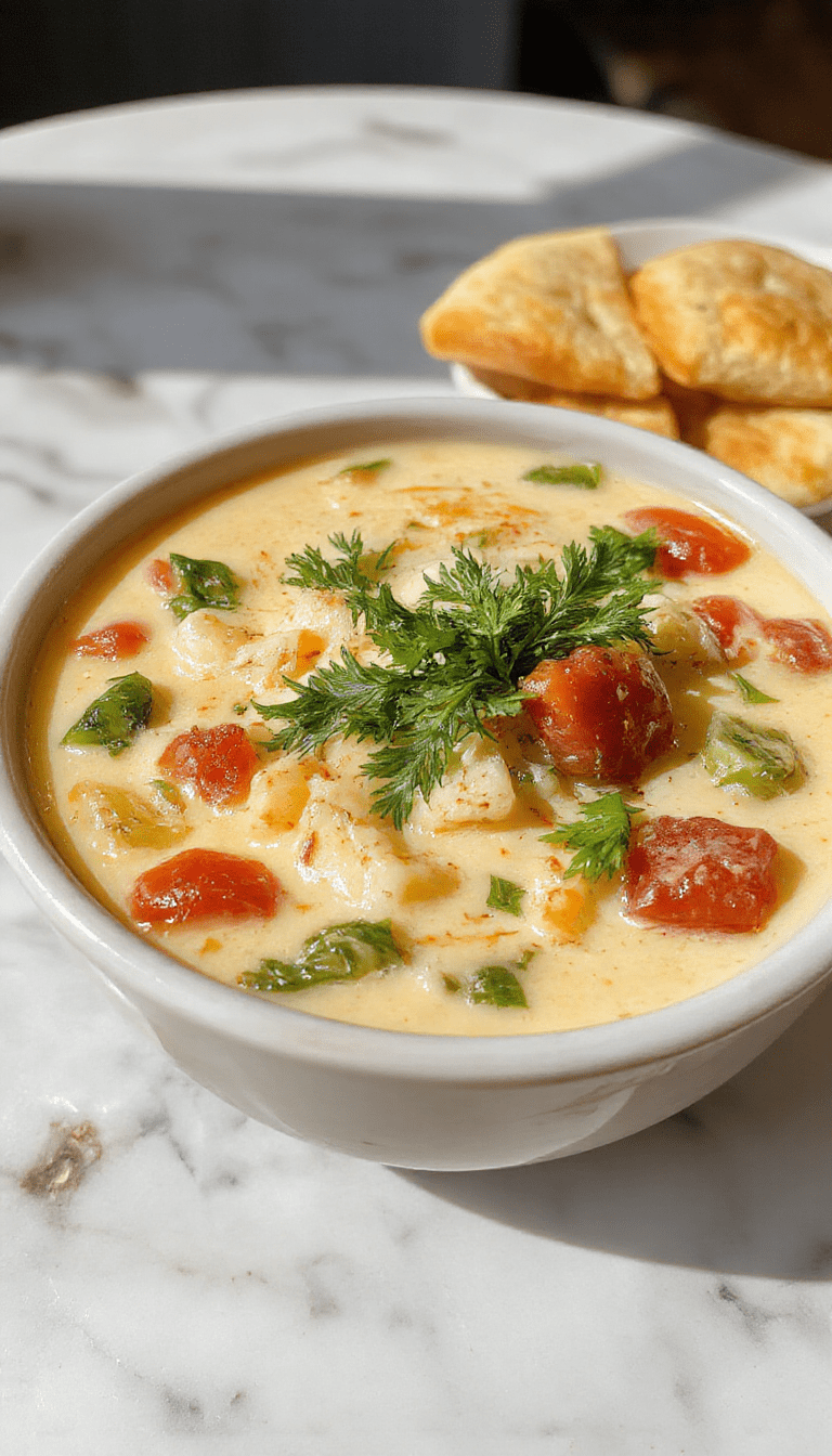 A vibrant bowl of creamy vegetable soup showcasing bright orange carrots, green zucchini, and purple potatoes, topped with fresh herbs and drizzled with cream, served in a rustic white bowl on a wooden table with a spoon beside it.
