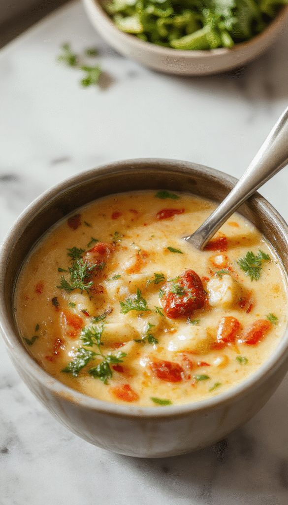 A vibrant bowl of creamy vegetable soup garnished with fresh herbs, served on a rustic wooden table with visible colorful vegetables and a spoon highlighting the smooth texture.