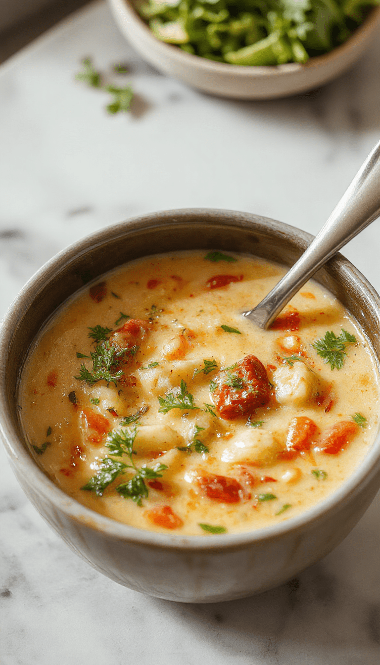 A vibrant bowl of creamy vegetable soup garnished with fresh herbs, served on a rustic wooden table with visible colorful vegetables and a spoon highlighting the smooth texture.