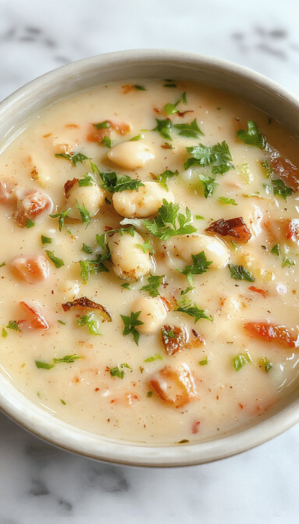 A vibrant, steaming bowl of creamy white bean soup garnished with fresh herbs, diced vegetables, and a drizzle of olive oil, served on a rustic wooden table with a side of crusty bread, showcasing smooth and chunky textures in warm, inviting colors.