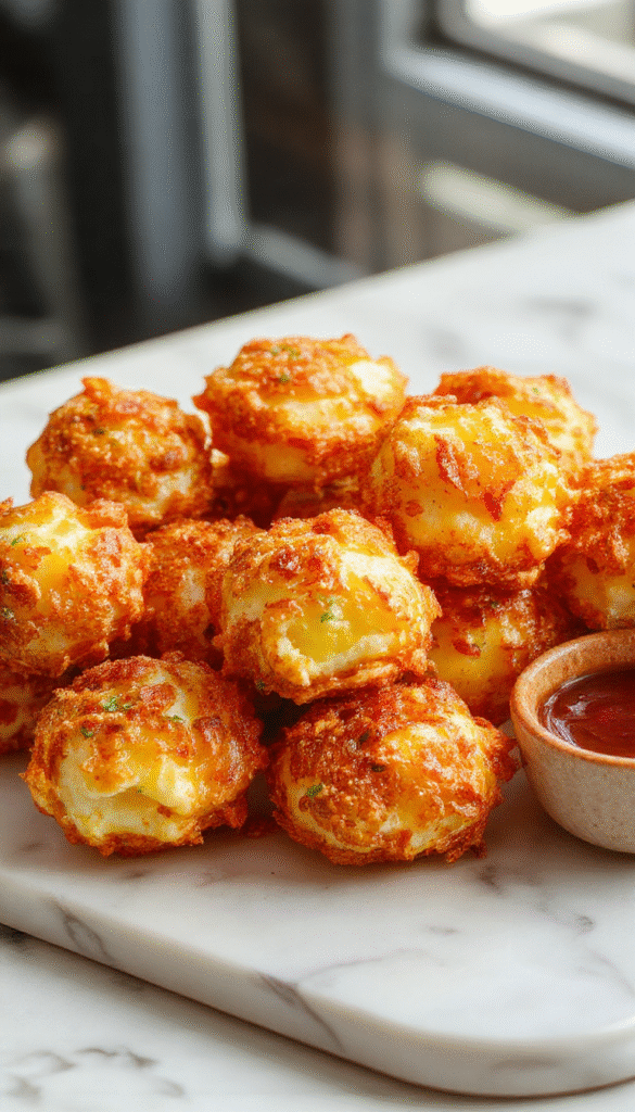 Golden brown crispy corn cheese bites arranged on a white plate with melted cheese oozing slightly, garnished with chopped parsley, with a textured crispy exterior and a vibrant yellow and white interior visible. The bites are styled with a rustic background, highlighting their crunchy texture and cheesy appeal.