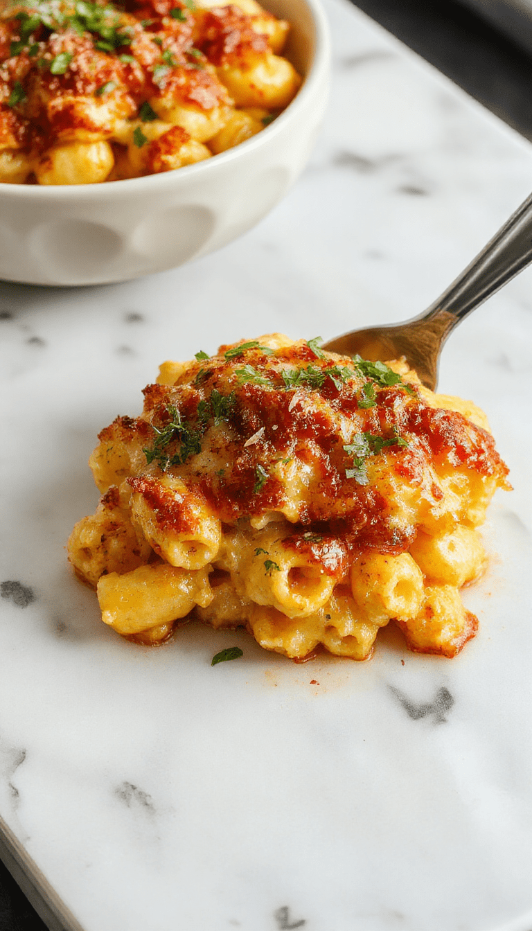 A close-up of a golden-brown baked mac and cheese dish with a crispy breadcrumb topping. The pasta is creamy and cheesy, topped with toasted breadcrumbs and parsley sprigs. The dish is served on a rustic wooden table with a side of fresh parsley, showcasing a rich, gooey cheese sauce and crunchy topping.