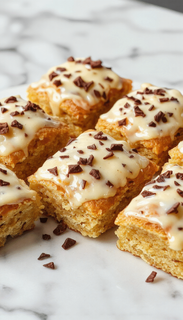 A close-up of golden-brown cannoli squares glazed with powdered sugar, arranged on a rustic white plate. The squares reveal a creamy ricotta filling dotted with chocolate chips, with a sprinkling of finely chopped pistachios on top. The background features a blurred coffee mug and a vintage silver fork, emphasizing a cozy dessert scene styled with paper doilies and fresh lemon slices.