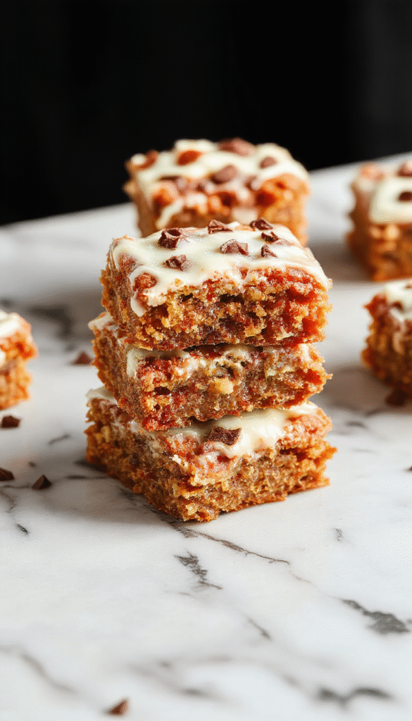 Vivid image of golden-brown carrot cake bars topped with cream cheese frosting and sprinkled with chopped walnuts. The bars are neatly cut, showcasing moist texture and vibrant orange flecks of grated carrots, arranged on a rustic wooden platter with fresh carrot curls and mint leaves as garnish, styled with a soft, inviting background.