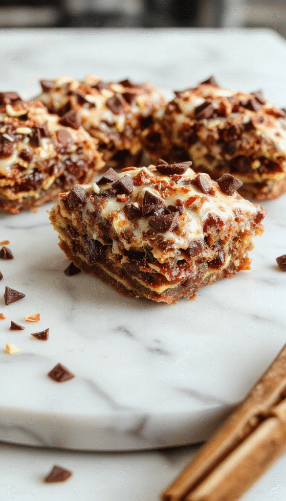 A close-up of a luscious cannoli pie topped with chocolate chips and powdered sugar, with golden graham cracker crust visible beneath the creamy filling, styled on a rustic wooden table with a sprinkle of cinnamon and a drizzle of chocolate.