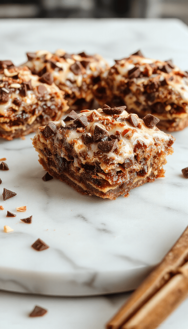 A close-up of a luscious cannoli pie topped with chocolate chips and powdered sugar, with golden graham cracker crust visible beneath the creamy filling, styled on a rustic wooden table with a sprinkle of cinnamon and a drizzle of chocolate.