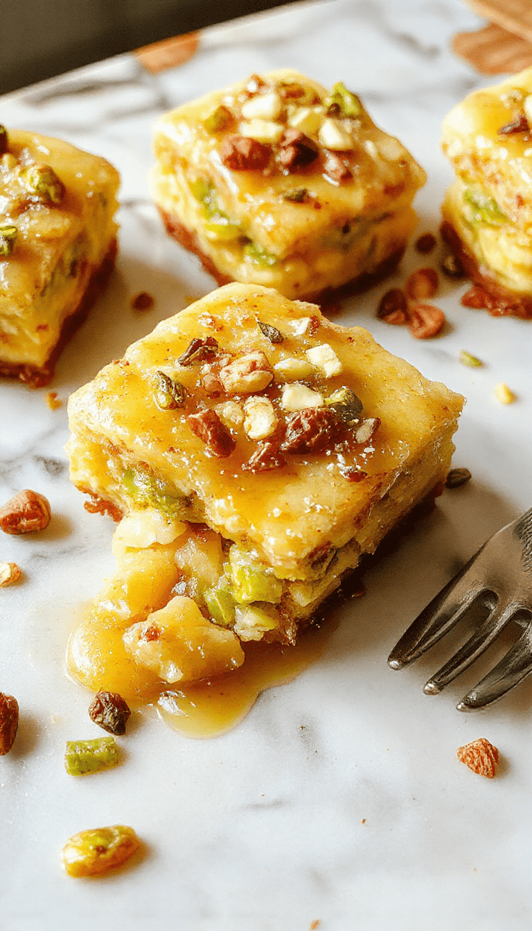 A visually stunning slice of honey pistachio baklava cheesecake with golden caramelized layers topped with crushed pistachios and a drizzle of honey, served on a elegant white plate, with a sprinkled pistachio garnish and a light dusting of powdered sugar in a bright, inviting setting.