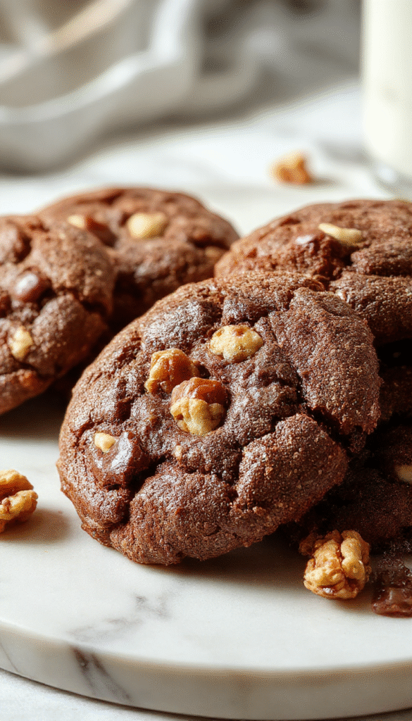 A close-up of warm, freshly baked levain chocolate walnut cookies arranged on a rustic wooden board. The cookies are golden-brown with cracked tops revealing gooey chocolate chunks and crunchy walnut pieces. The surface is slightly glossy from melted chocolate, with some walnuts peeking out. The background showcases a blurred cozy kitchen setting with hints of powdered sugar dusted on the cookies for presentation.