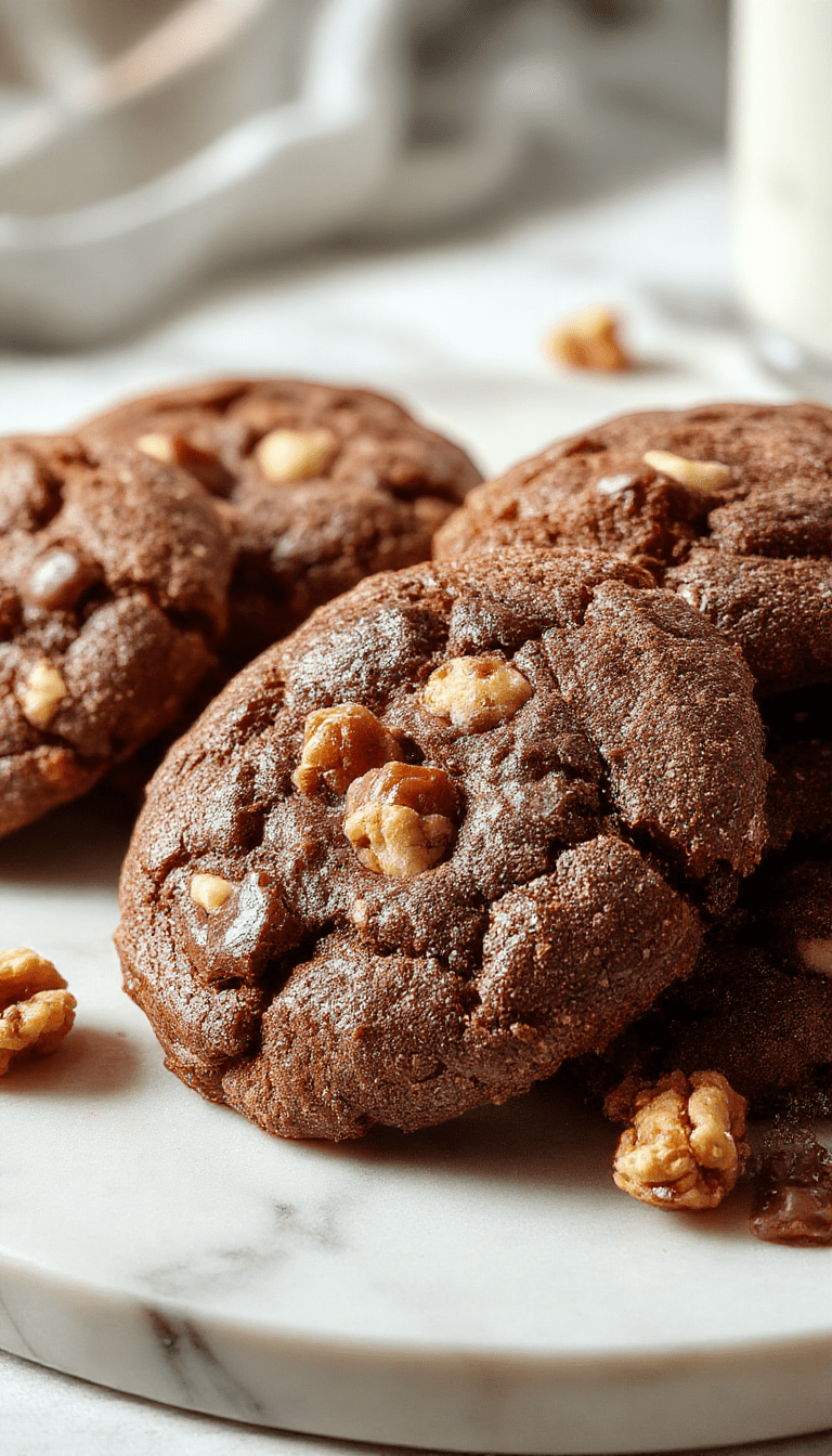 A close-up of warm, freshly baked levain chocolate walnut cookies arranged on a rustic wooden board. The cookies are golden-brown with cracked tops revealing gooey chocolate chunks and crunchy walnut pieces. The surface is slightly glossy from melted chocolate, with some walnuts peeking out. The background showcases a blurred cozy kitchen setting with hints of powdered sugar dusted on the cookies for presentation.