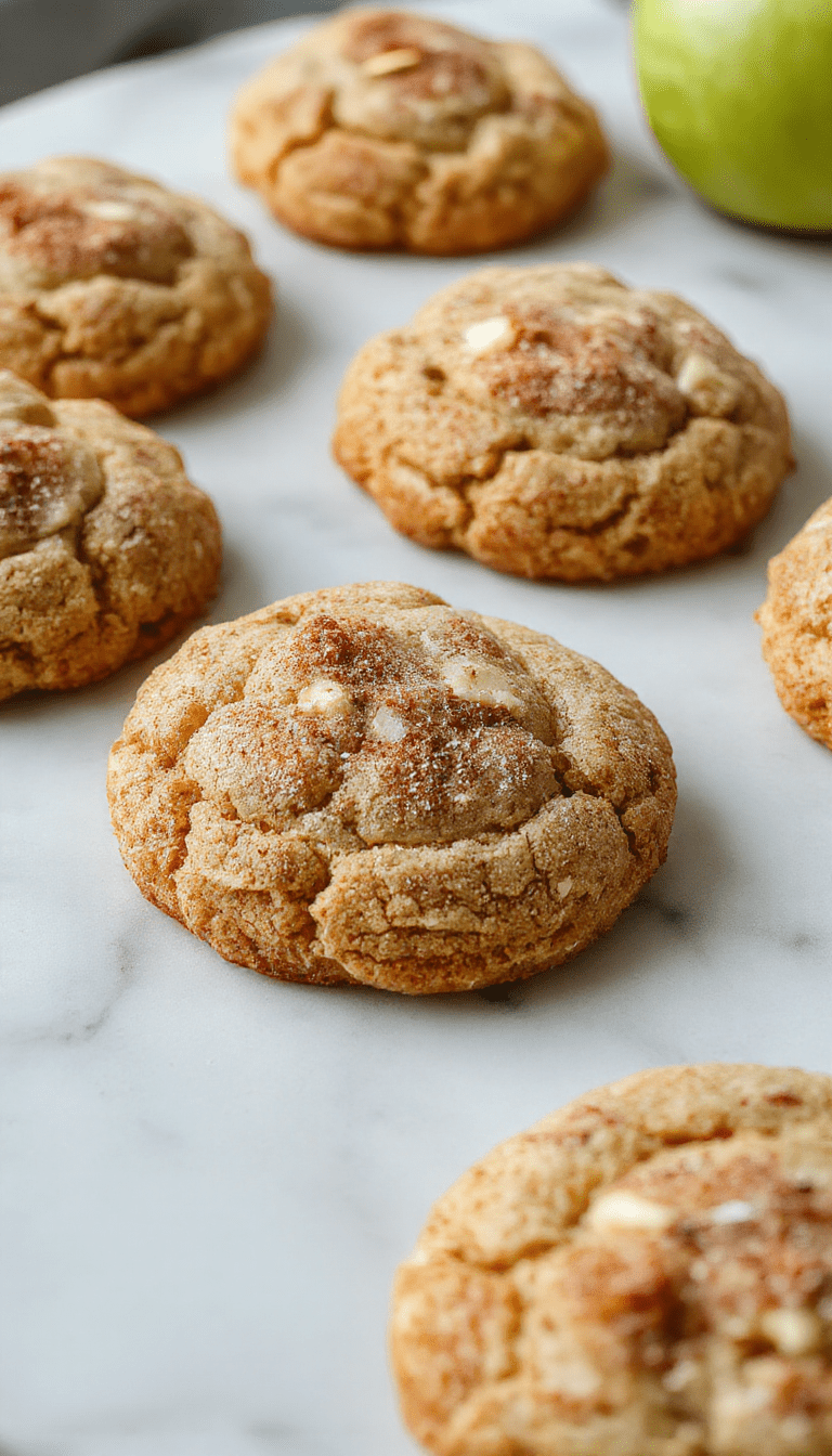 A close-up of golden-brown apple cinnamon snickerdoodle cookies sprinkled with cinnamon sugar, arranged on a rustic white plate. The cookies have a soft, chewy texture with visible bits of apple and a cinnamon coating that glistens slightly. A cinnamon stick and sliced apple are placed nearby, set against a warm, cozy background with autumn leaves, evoking a homely and inviting atmosphere.