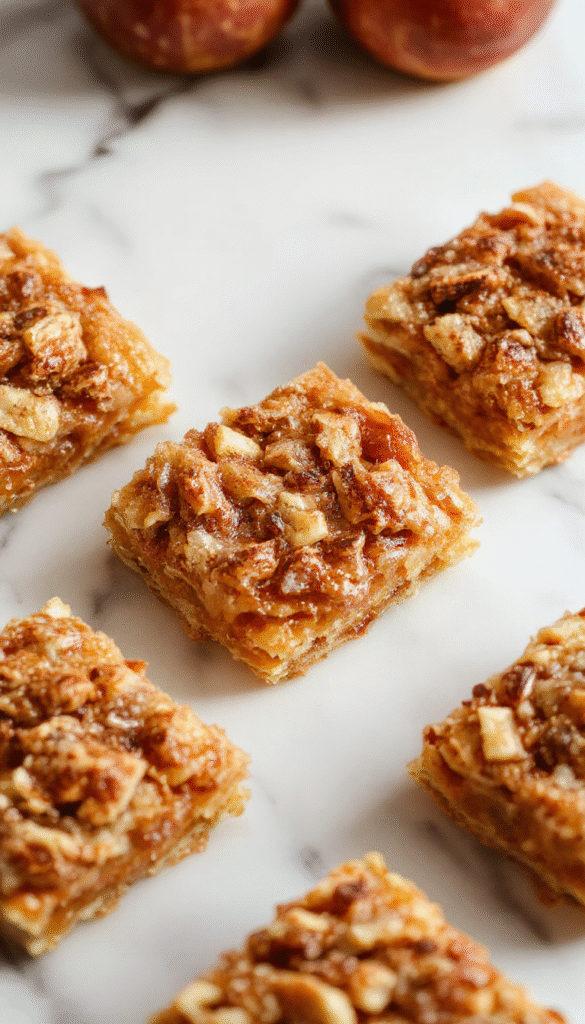 A close-up of golden apple crisp shortbread bars on a rustic wooden platter, topped with caramelized apple slices and a crunchy crumble, with a dusting of powdered sugar and fresh mint leaves for garnish, styled with a vintage fork and a linen napkin in the background.