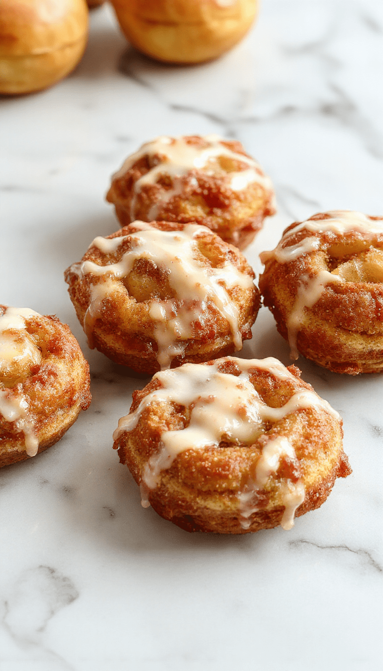 A close-up of golden-brown baked apple fritters drizzled with shiny glaze, arranged on a rustic white plate, garnished with cinnamon and apple slices, with a soft background of a cozy kitchen setting.