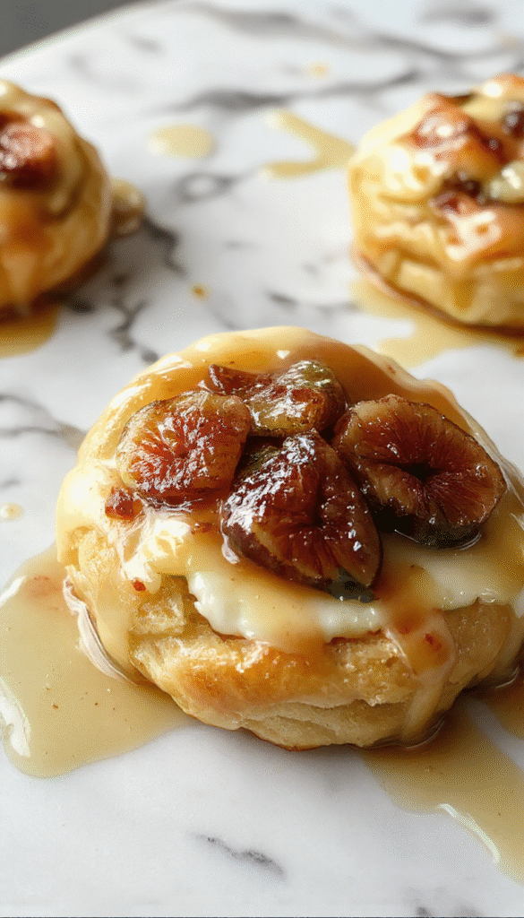 A golden-brown puff pastry wrapped around a creamy melted brie cheese topped with glossy honey and fresh fig slices, garnished with herbs, served on a rustic wooden platter with a drizzle of honey and a side of bread slices, vibrant colors and crispy textures.